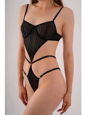 Pileli Store Pilelistore Transparan Siyah Dekolteli Balenli Fantazi Iç Giyim Body