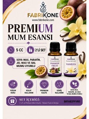 Fabrikone Premium Mum Esansı 5 cc 2'li Set - Passion Fruit, Vanilya - Soya Wax, Parafin, Jel Wax ve Bal Mumu Uyumlu BKFAB2PFVN5