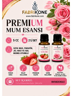 Fabrikone Premium Mum Esansı 5 cc 2'li Set - Çilek, Gül - Soya Wax, Parafin, Jel Wax ve Bal Mumu Uyumlu BKFAB2CKGL5