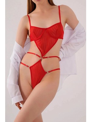 Pileli Store Pilelistore Transparan Kırmızı Dekolteli Balenli Fantazi Iç Giyim Body
