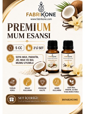 Fabrikone Premium Mum Esansı 5 cc 2'li Set - Hindistan Cevizi, Vanilya - Soya Wax, Parafin, Jel Wax ve Bal Mumu Uyumlu BKFAB2HCVN5