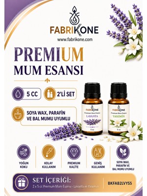 Fabrikone Premium Mum Esansı 5 cc 2'li Set - Lavanta, Yasemin - Soya Wax, Parafin, Jel Wax ve Bal Mumu Uyumlu BKFAB2LVYS5