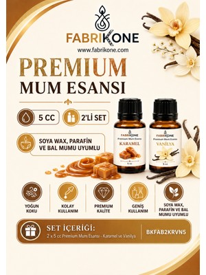 Fabrikone Premium Mum Esansı 5 cc 2'li Set - Karamel, Vanilya - Soya Wax, Parafin, Jel Wax ve Bal Mumu Uyumlu BKFAB2KRVN5