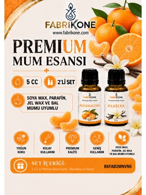 Fabrikone Premium Mum Esansı 5 cc 2'li Set - Mandalina, Vanilya - Soya Wax, Parafin, Jel Wax ve Bal Mumu Uyumlu BKFAB2MNVN5