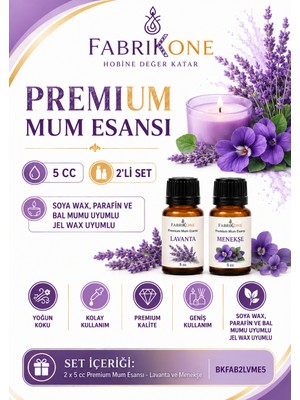 Fabrikone Premium Mum Esansı 5 cc 2'li Set - Lavanta, Menekşe - Soya Wax, Parafin, Jel Wax ve Bal Mumu Uyumlu BKFAB2LVME5