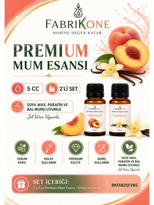 Fabrikone Premium Mum Esansı 5 cc 2'li Set - Şeftali, Vanilya - Soya Wax, Parafin, Jel Wax ve Bal Mumu Uyumlu BKFAB2SFVN5