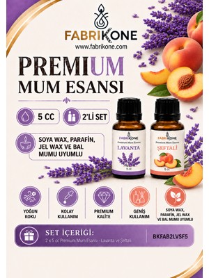 Fabrikone Premium Mum Esansı 5 cc 2'li Set - Lavanta, Şeftali - Soya Wax, Parafin, Jel Wax ve Bal Mumu Uyumlu BKFAB2LVSF5