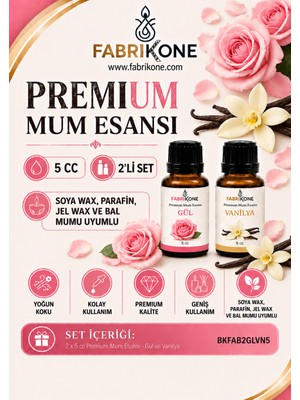 Fabrikone Premium Mum Esansı 5 cc 2'li Set - Gül, Vanilya - Soya Wax, Parafin, Jel Wax ve Bal Mumu Uyumlu BKFAB2GLVN5
