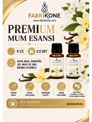 Fabrikone Premium Mum Esansı 5 cc 2'li Set - Vanilya, Yasemin - Soya Wax, Parafin, Jel Wax ve Bal Mumu Uyumlu BKFAB2VNYS5