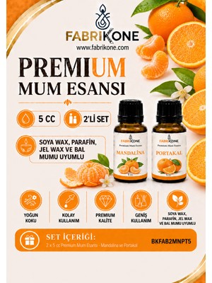 Fabrikone Premium Mum Esansı 5 cc 2'li Set - Mandalina, Portakal - Soya Wax, Parafin, Jel Wax ve Bal Mumu Uyumlu BKFAB2MNPT5
