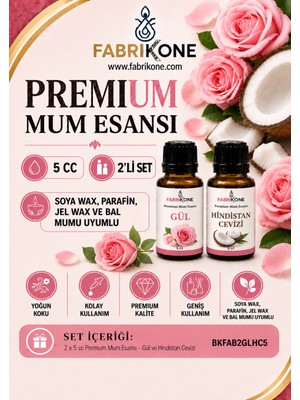 Fabrikone Premium Mum Esansı 5 cc 2'li Set - Gül, Hindistan Cevizi - Soya Wax, Parafin, Jel Wax ve Bal Mumu Uyumlu BKFAB2GLHC5