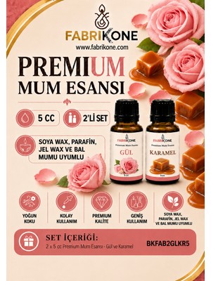 Fabrikone Premium Mum Esansı 5 cc 2'li Set - Gül, Karamel - Soya Wax, Parafin, Jel Wax ve Bal Mumu Uyumlu BKFAB2GLKR5