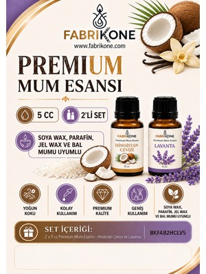 Fabrikone Premium Mum Esansı 5 cc 2'li Set - Hindistan Cevizi, Lavanta - Soya Wax, Parafin, Jel Wax ve Bal Mumu Uyumlu BKFAB2HCLV5