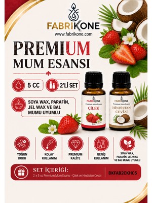 Fabrikone Premium Mum Esansı 5 cc 2'li Set - Çilek, Hindistan Cevizi - Soya Wax, Parafin, Jel Wax ve Bal Mumu Uyumlu BKFAB2CKHC5