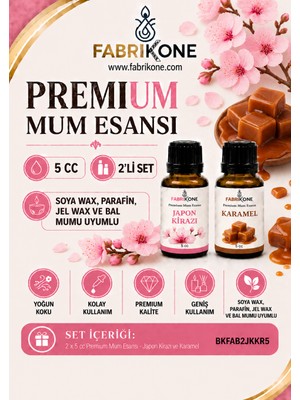 Fabrikone Premium Mum Esansı 5 cc 2'li Set - Japon Kirazı, Karamel - Soya Wax, Parafin, Jel Wax ve Bal Mumu Uyumlu BKFAB2JKKR5