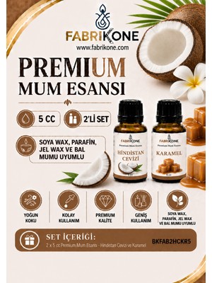 Fabrikone Premium Mum Esansı 5 cc 2'li Set - Hindistan Cevizi, Karamel - Soya Wax, Parafin, Jel Wax ve Bal Mumu Uyumlu BKFAB2HCKR5