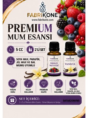 Fabrikone Premium Mum Esansı 5 cc 2'li Set - Orman Meyvesi, Vanilya - Soya Wax, Parafin, Jel Wax ve Bal Mumu Uyumlu BKFAB2OMVN5