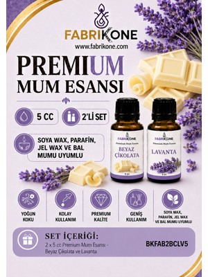 Fabrikone Premium Mum Esansı 5 cc 2'li Set - Beyaz Çikolata, Lavanta - Soya Wax, Parafin, Jel Wax ve Bal Mumu Uyumlu BKFAB2BCLV5