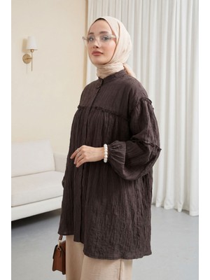 Moda Morfo Dik Yaka Sim Çizgili Balon Kol Oversize Gofre Tunik -K. Kahve