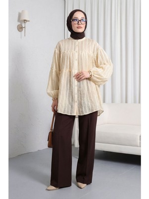 Moda Morfo Dik Yaka Sim Çizgili Balon Kol Oversize Gofre Tunik -Açık Sarı