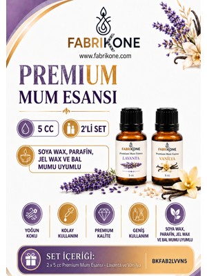 Fabrikone Premium Mum Esansı 5 cc 2'li Set - Lavanta, Vanilya - Soya Wax, Parafin, Jel Wax ve Bal Mumu Uyumlu BKFAB2LVVN5