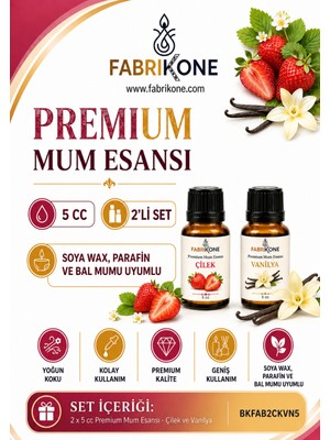 Fabrikone Premium Mum Esansı 5 cc 2'li Set - Çilek, Vanilya - Soya Wax, Parafin, Jel Wax ve Bal Mumu Uyumlu BKFAB2CKVN5