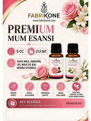 Fabrikone Premium Mum Esansı 5 cc 2'li Set - Gül, Yasemin - Soya Wax, Parafin, Jel Wax ve Bal Mumu Uyumlu BKFAB2GLYS5