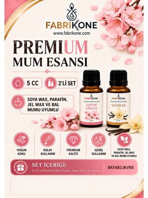 Fabrikone Premium Mum Esansı 5 cc 2'li Set - Japon Kirazı, Vanilya - Soya Wax, Parafin, Jel Wax ve Bal Mumu Uyumlu BKFAB2JKVN5