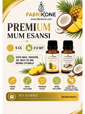 Fabrikone Premium Mum Esansı 5 cc 2'li Set - Ananas, Hindistan Cevizi - Soya Wax, Parafin, Jel Wax ve Bal Mumu Uyumlu BKFAB2ANHC5