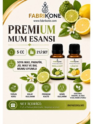 Fabrikone Premium Mum Esansı 5 cc 2'li Set - Bergamot, Limon - Soya Wax, Parafin, Jel Wax ve Bal Mumu Uyumlu BKFAB2BGLM5