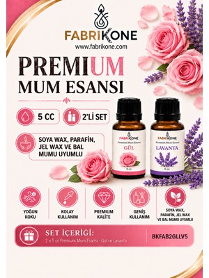 Fabrikone Premium Mum Esansı 5 cc 2'li Set - Gül, Lavanta - Soya Wax, Parafin, Jel Wax ve Bal Mumu Uyumlu BKFAB2GLLV5