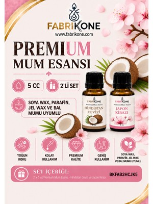 Fabrikone Premium Mum Esansı 5 cc 2'li Set - Hindistan Cevizi, Japon Kirazı - Soya Wax, Parafin, Jel Wax ve Bal Mumu Uyumlu BKFAB2HCJK5