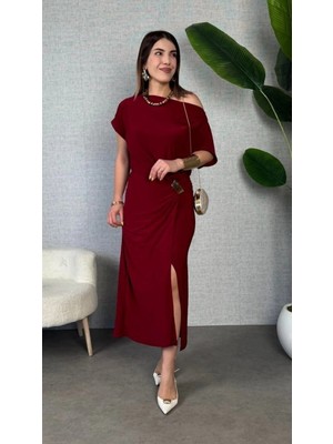 Pileli Store Pilelistore-  Kısa Kollu Tek Omuzdan Açık Beli Lastikli Sandy Maxi Elbise