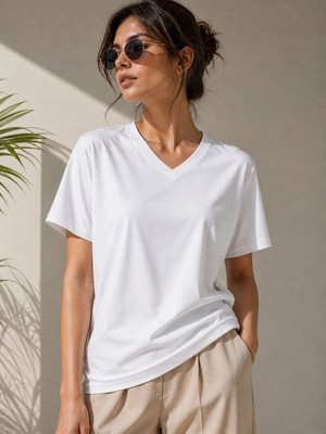 Beruflic Kadın V Yaka Basic Tişört Kısa Kol Yazlık Regular Fit T-Shirt - Beyaz