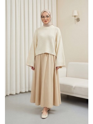 Moda Morfo Yarım Boğazlı Yarasa Kol Etek Üstü Triko Kazak  -Krem