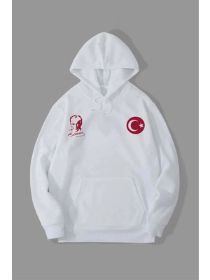 Nemere 10 Kasıma Özel Üç Iplik Kapüşonlu Baskılı Sweatshirt - Beyaz