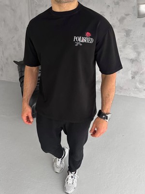 Nemere Bisiklet Yaka Baskılı Oversize T-Shirt - Siyah