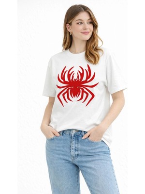 Beruflic Kadın Örümcek Baskılı Tişört Kısa Kollu Bisiklet Yaka T-Shirt - Beyaz