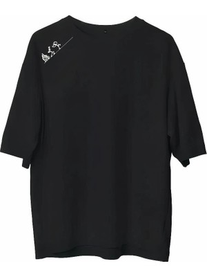Nemere Bisiklet Yaka Baskılı Oversize T-Shirt - Siyah