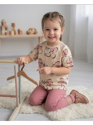 Durukoza Kız Çocuk Taytlı Takım Pembe Ribanalı Günlük Takım 4-8 Yaş