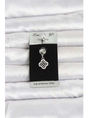 Inure Jewelry 316L Cerrahi Çelik Zirkon Taşlı Sallantılı Yonca Model Göbek Piercing