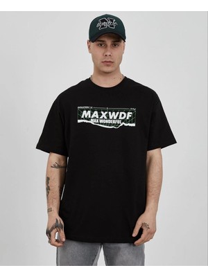 Nemere Bisiklet Yaka Baskılı Oversize T-Shirt - Siyah