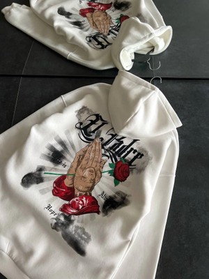 Nemere Üç Iplik Penye Uzun Kol Kapüşonlu Baskılı Sweatshirt - Beyaz