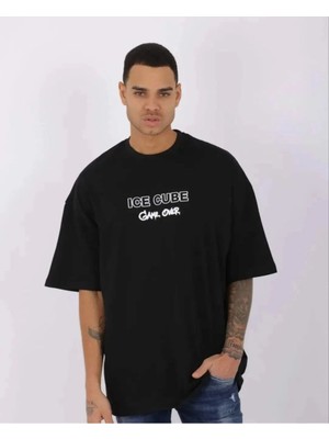 Nemere Bisiklet Yaka Baskılı Oversize T-Shirt - Siyah