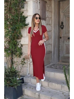Yaman Market Kadın Kısa Kollu V Yakalı Yandan Şerit ve Yırtmaçlı Viskon Uzun Elbise