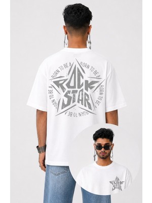 Fuddy Moda Unisex Oversize Born To Be A Rock Star Sırt Baskılı Bisiklet Yaka Tişört