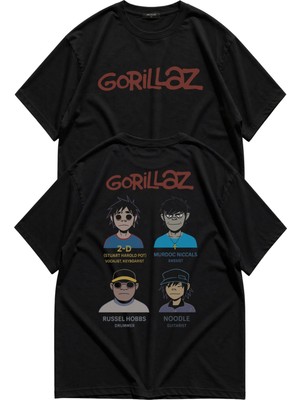 Fuddy Moda Unisex Gorillaz Members Sırt Baskılı Bisiklet Yaka Tişört, Oversize Rock Band Temalı Tshirt