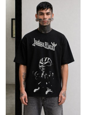 Fuddy Moda Unisex Judas Priest Mega Baskılı Bisiklet Yaka Tişört, Oversize Rock Metal Band Temalı Tshirt