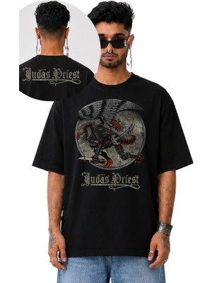 Fuddy Moda Unisex Vintage Judas Priest Ense Baskılı Tişört, Oversize Rock Metal Band Temalı Tshirt