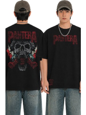 Fuddy Moda Unisex Pantera Mouth For War Sırt Baskılı Bisiklet Yaka Tişört, Oversize Rock Band Temalı Tshirt